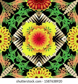 Colorful floral vector seamless pattern. Abstract ethnic style bright ornamental background. Decorative gipsy backdrop. Multicolor flowers, leaves, shapes, stripes, lines, curves, dots. Ornate design.