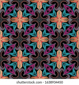 Colorful floral vector seamless pattern. Greek style ornamental ethnic background. Tribal repeat ornate backdrop. Decorative modern design. Greek key meanders ornament. Abstract flowers, shapes, lines