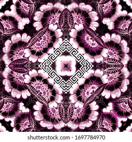 Colorful floral vector seamless pattern. Greek style ornamental ethnic background. Repeat decorative backdrop. Abstract violet flowers, leaves. Rhombus greek key meanders frame. Beautiful design.