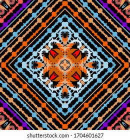 Colorful floral vector seamless pattern. Geometric tribal ethnic striped background. Abstract repeat backdrop. Geometric shapes, flowers, rhombus, frames, stripes, lines. Modern plaid ornaments.