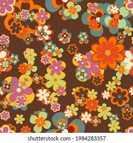 Colorful Floral Vector Seamless Pattern. Retro 70s Style Nostalgic Fashion Textile Bold Background. Summer Resort Print. Daisies. Flower Power