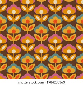 Colorful Floral Vector Seamless Pattern. Retro 70s Style Nostalgic Fashion Textile Bold Background. Summer Resort Print. Daisies. Flower Power