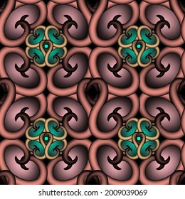 Colorful floral vector seamless pattern. Modern glowing background. Repeat ornamental backdrop. Shiny surface textured 3d ornaments with  abstract flowers, swirls, effects, curves. Ornate neon design.