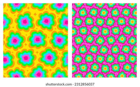 Colorful Floral Vector Seamless Patterns.Cute Exotic Flowers on a Yellow and Pink Background. Vibrant RGB Colors.Aloha Style Repeatable Print with Multicolor Blooming Flowers.Abstract Tropical Garden.