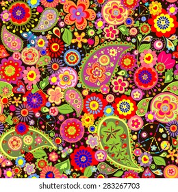 Colorful floral wallpaper with hippie symbolic