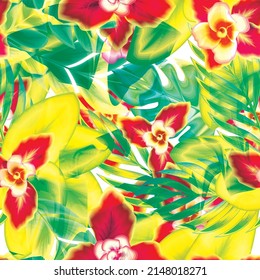 colorful floral wallpaper seamless pattern with calla and palm leaves plant and foliage on white background. vector design. flowers background. Printing and textiles. Exotic tropics. Summer design