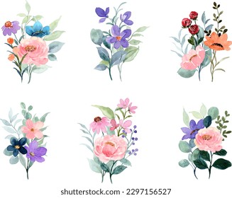 Colorful floral watercolor bouquet collection for background, wedding, fabric, textile, greeting, card, wallpaper, banner, sticker, decoration etc.
