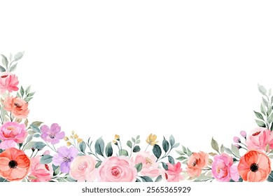 Colorful floral watercolor frame for wedding, birthday, card, background, invitation, wallpaper, sticker, decoration etc.