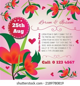 Colorful floral wedding invitation card design template vector illustration with dummy text.