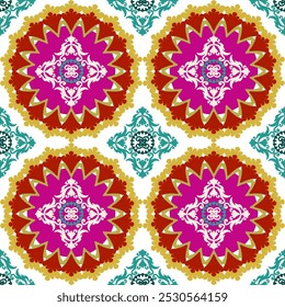 Colorful floral with white embroidery, motif ethnic ikat seamless textile illustration, print striped ornament, pattern, design for wrapping, silk, scarf, background, and textile.