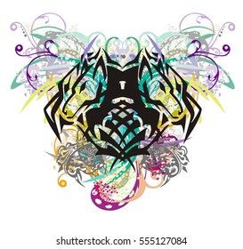 Colorful floral wolf head splashes. Tribal double wolf symbol formed by the head of an eagle with gray bird elements, floral twisted elements and colorful drops