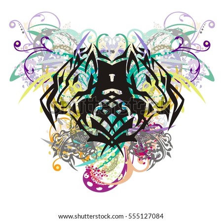 Colorful floral wolf head splashes. Tribal double wolf symbol formed by the head of an eagle with gray bird elements, floral twisted elements and colorful drops