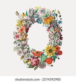 Colorful floral wreath with diverse flowers. Vibrant flowers form a wreath. Floral wreath with sunflowers, roses, and daisies. Decorative floral wreath design. Vintage art drawing illustration vector.