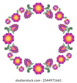 Colorida ilustración de corona floral en estilo de arte popular mexicano con flores vibrantes y hojas dispuestas en un patrón circular o corona floral. Composición de fantasía de Vector aislada sobre fondo blanco