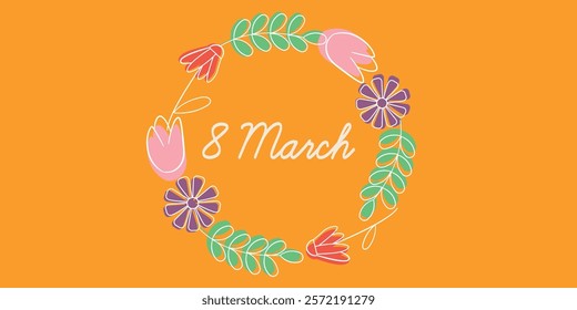 Colorful Floral Wreath with Text Celebrating International Women's Day, 8 March. A vibrant floral wreath illustration beautifully encircles the text commemorating 8 March, International Women's Day.