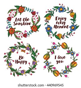 Colorful floral wreath with typography. Illustration in hand drawn style. Frames collection with beautiful plants. Great design for invitation, poster, wedding or greeting cards.