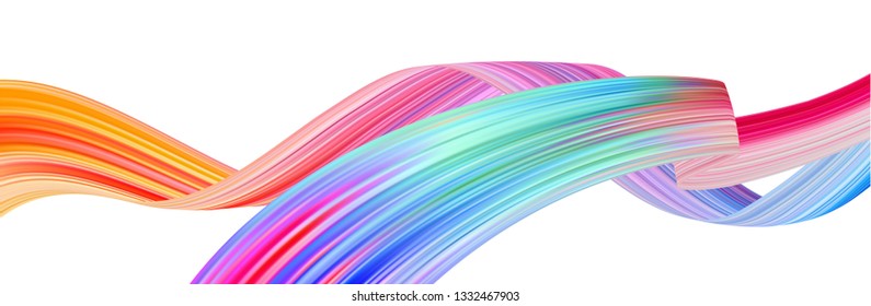 Colorful flow brushstroke. Ribbon isolated line.. Realistic volume wave. Liquid paint ink shape isolated on white background. Cover page for your design project. Real vector illustration swirl blur.