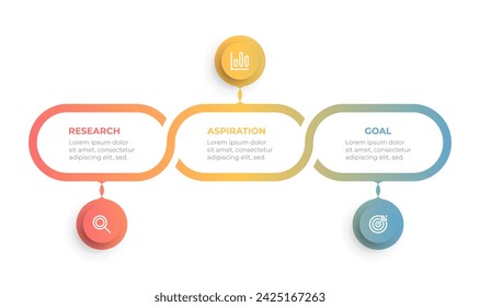 Diagrama de flujo colorido con 3 pasos u opciones. Elementos de línea de tiempo con iconos de círculo y marketing. Ilustración vectorial.