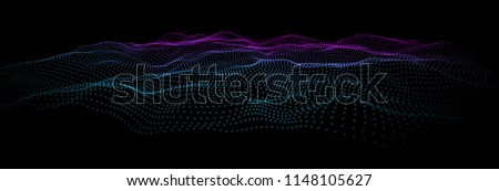 Colorful flow information wave from dots.. Hud blue nodes as particle wave. Splash of explosion data points. Cyber ui array with color vector dance waveform. Vector elements for print or web design.