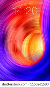 Colorful flow light background. Realistic phone time wallpaper as liquid wave in funnel. Color tornado top view. Swirl tunnel drop down vector illustration. Motion spin template for phone wallpaper.