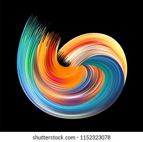 Colorful flow poster from brushstroke. Realistic volume wave. Liquid paint ink shape isolated on black background. Cover page for your design project. Real vector illustration of swirl blur.