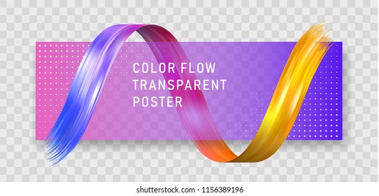 Colorful flow poster from brushstrokeon checkered background. Realistic volume wave. Liquid paint ink shape isolated on black background. Banner for cover page. Real vector illustration of swirl.