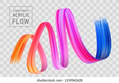 Colorful flow poster transparent. Realistic brushstroke volume wave. Liquid paint ink shape isolated on black background. Cover page for your design project. Real vector illustration of swirl blur.