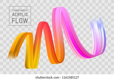 Colorful flow poster transparent. Realistic brushstroke volume wave. Liquid paint ink shape isolated on black background. Cover page for your design project. Real vector illustration of swirl blur.