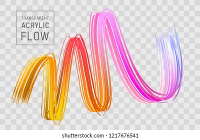 Colorful flow poster transparent. Realistic brushstroke volume wave. Liquid paint ink shape isolated on black background. Cover page for your design project. Real vector illustration of swirl blur.