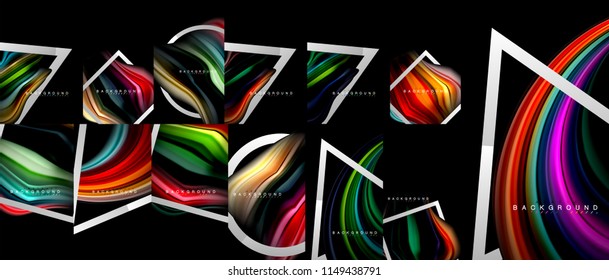 Farbige Flussposter, Mega-Kollektion, Bündel von flüssigen abstrakten Hintergründen, flüssige, trendige Farben auf Schwarz. Vektorkunst für Ihr Design-Projekt