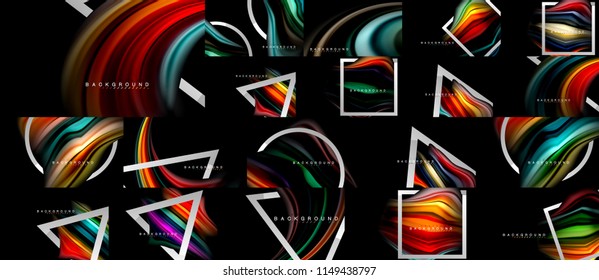 Afiches de flujo colorido, mega colección, manojo de mezcla de fondos abstractos fluidos, colores líquido de moda en negro. Arte vector para su proyecto de diseño
