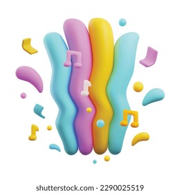 Colorful flow splash with music notes, realistic vector illustration isolated on white background. Iridescent shapes composition for music posters and covers design.