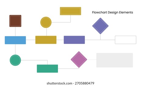 A colorful flowchart template showcasing geometric shapes squares, circles, and diamonds, connected by horizontal lines on a plain white background. Useful for presentations and process documentation.