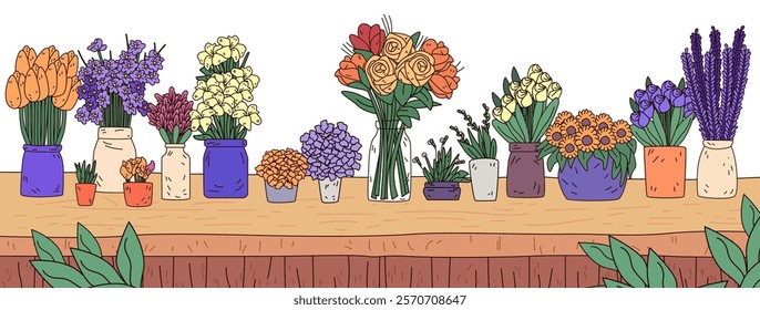 Colorful flower arrangements on wooden table various blooms in vases and pots vibrant floral scene with leaves decorative design