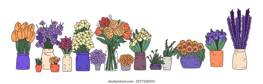 Colorful flower arrangements in vases and pots featuring tulips roses and lavender in diverse hues on a white background home decor theme