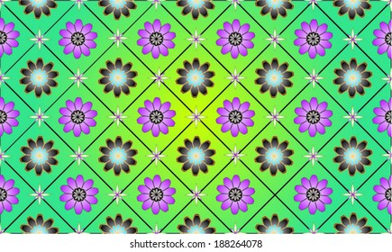 Colorful flower batik pattern on gradient green background 