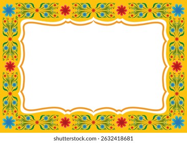 Colorful flower border on a bright yellow background. Ideal for invitation cards, posters, certificates. Provided in JPG, transparent PNG, and EPS vector format. Yellow Floral Frame Vector – Bright