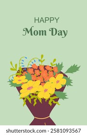 Colorful flower bouquet with happy mom day greeting on light green background.