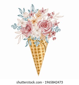 Colorful Flower bouquet ice cream cone, green leaves,Spring ornament concept. Floral poster, invite. Vector layout decorative greeting card or invitation design watercolor background. 