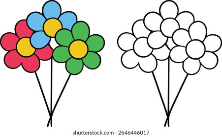 Colorful flower bouquet illustration with outlines and black stems on a white background and a