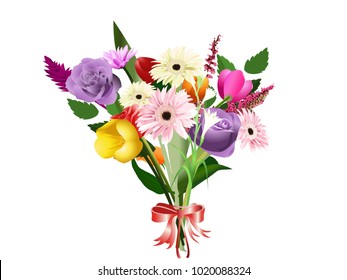 Colorful Flower Bouquet with Red Ribbon Vector Image