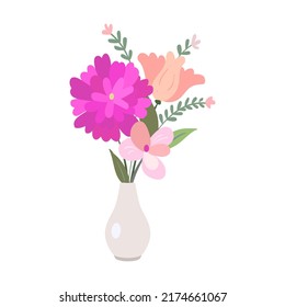 Colorful flower bouquet in vase flat icon. Bunch of plants vector illustration. Rose, sunflowers, tulips and others. Decoration and nature