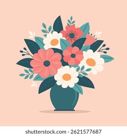 Colorful flower bouquet in a vase, flat vector illustration on pastel background. Perfect for greeting cards, invitations, spring decor, Mother’s Day, romantic design, or floral-themed projects