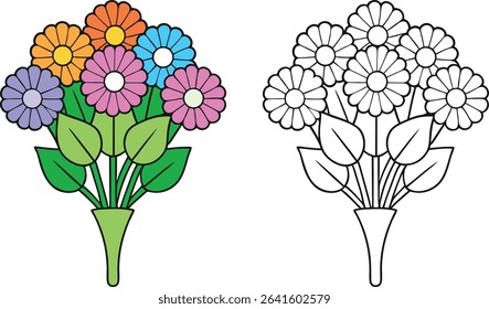 Colorful Flower Bouquet Vector Illustration Green Vase Daisies Orange Pink Blue Purple