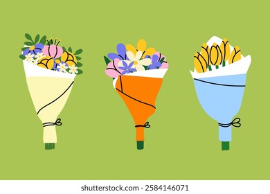 Colorful flower bouquets vector illustration – Spring floral arrangement, gift, celebration, wedding, greeting card. Minimal flat design.