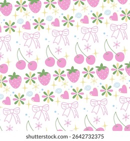 Colorful flower, bow, heart and cherry seamless pattern illustration. Spring season strawberry decoration texture, nature textile drawing print.