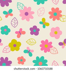 Colorful flower and butterfly seamless pattern background