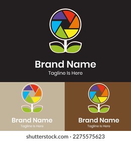 Colorful flower with camera lens photography logo design