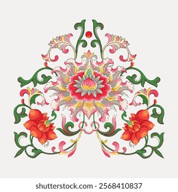 Colorful flower Chinese aesthetic vintage illustration, vintage vector element. Red flower floral botanical drawing illustration. Vintage red flower plant art drawing. Botanical art illustration.