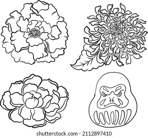 colorful flower with chrysanthemum for printing on background. Chrysanthemum flower vector for tattoo design.Japanese floral illustration for doodle art on white isolated background.